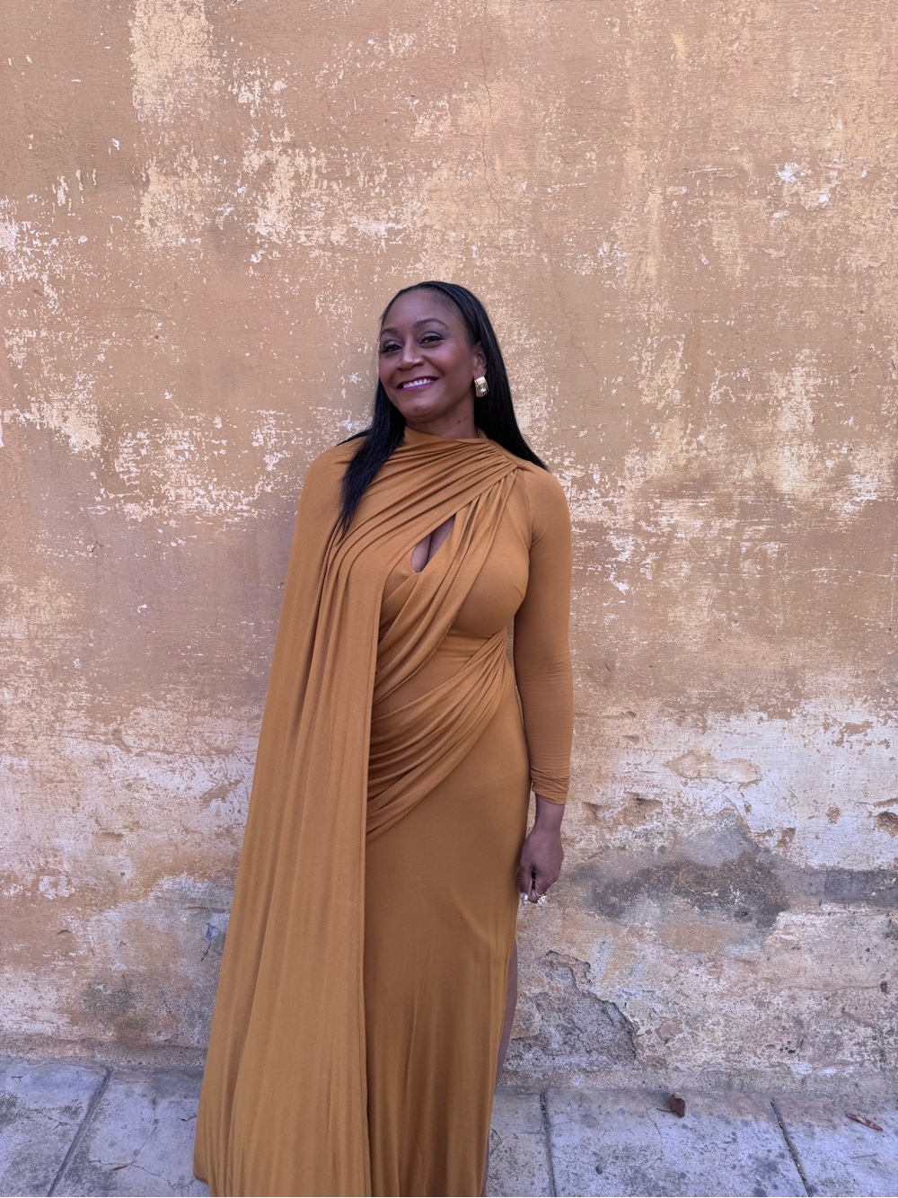 JLUXLABEL Long Sleeve Draped Maxi Dress in Mustard